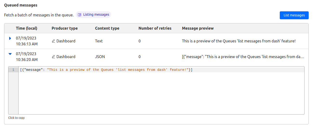 A table showing two previewed messages, one text and one JSON, both with some placeholder text